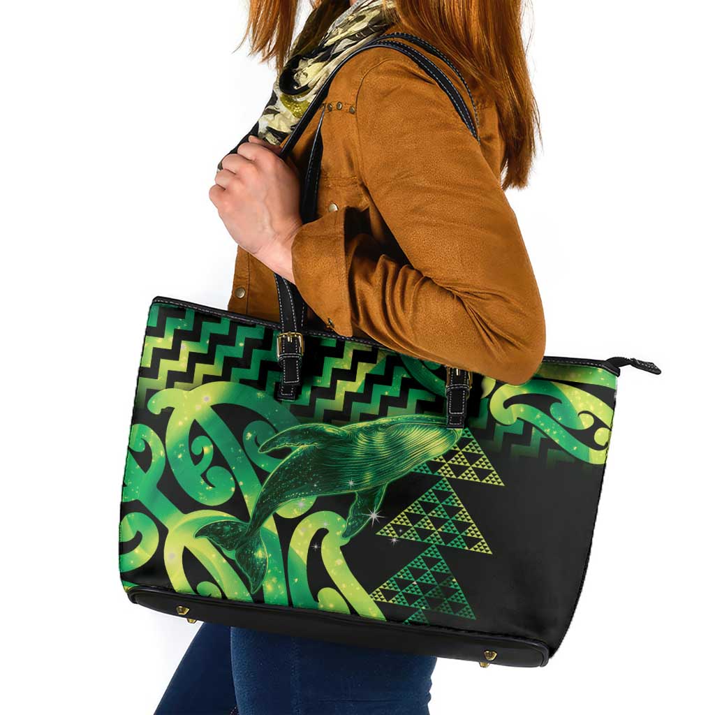 Humpback Whale Matariki New Zealand Leather Tote Bag NZ Maori Paikea Poutama Luxury Green