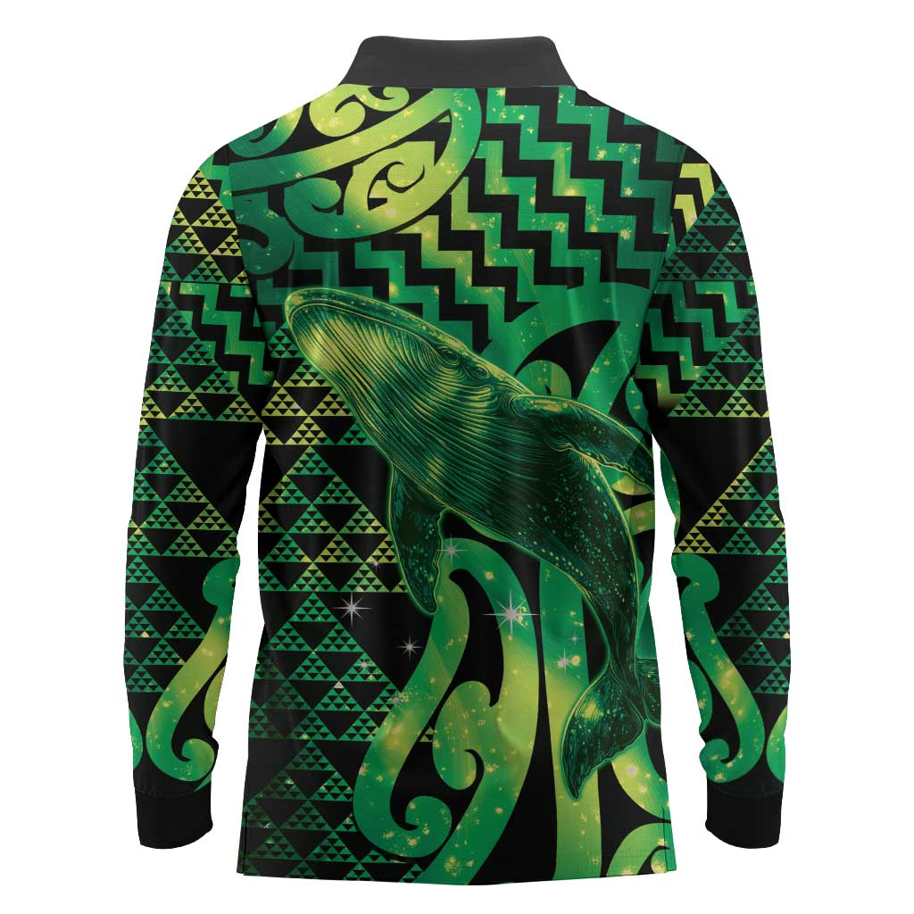 Humpback Whale Matariki New Zealand Long Sleeve Polo Shirt NZ Maori Paikea Poutama Luxury Green LT14 - Polynesian Pride