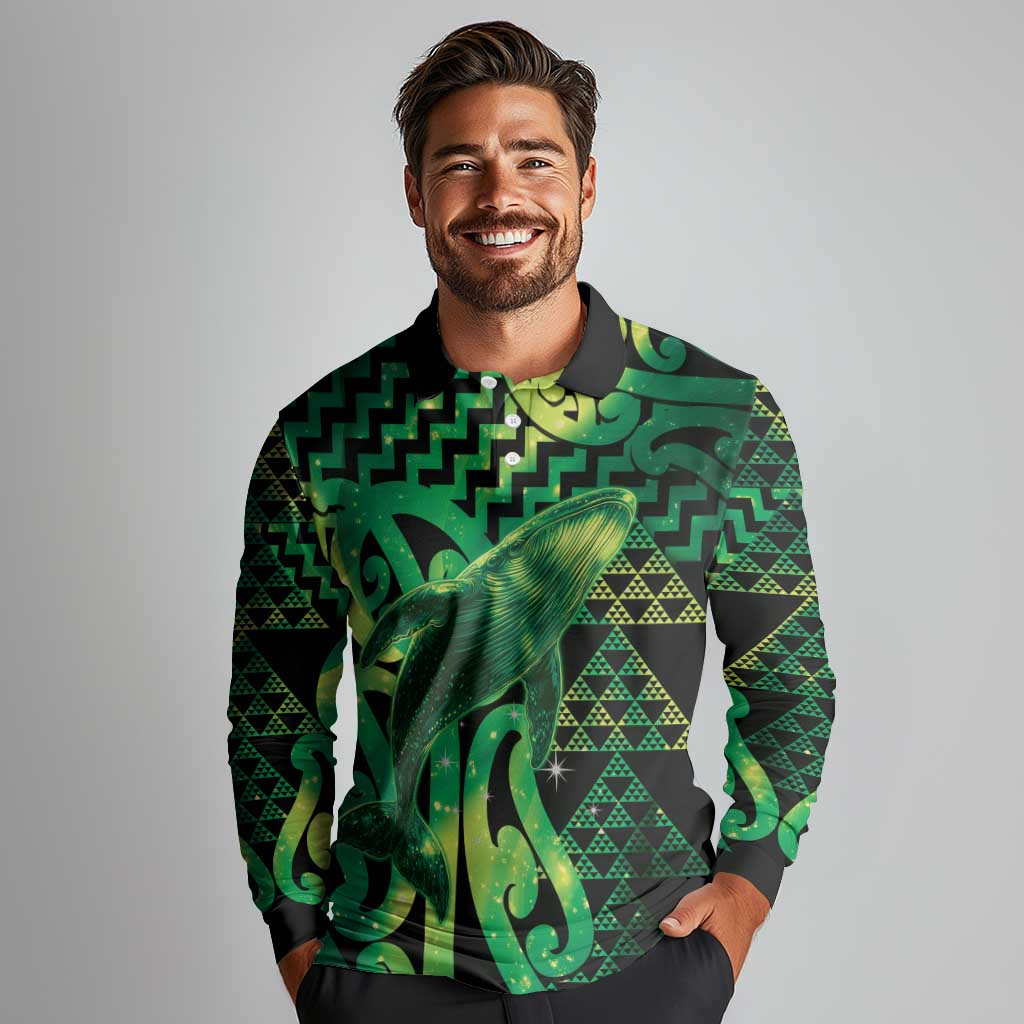 Humpback Whale Matariki New Zealand Long Sleeve Polo Shirt NZ Maori Paikea Poutama Luxury Green LT14 - Polynesian Pride