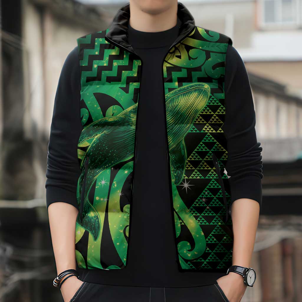 Humpback Whale Matariki New Zealand Sleeveless Puffer Jacket NZ Maori Paikea Poutama Luxury Green