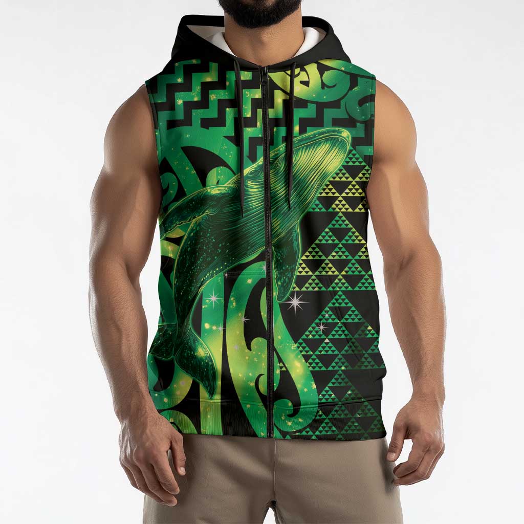Humpback Whale Matariki New Zealand Sleeveless Zip Hoodie NZ Maori Paikea Poutama Luxury Green LT14 - Polynesian Pride