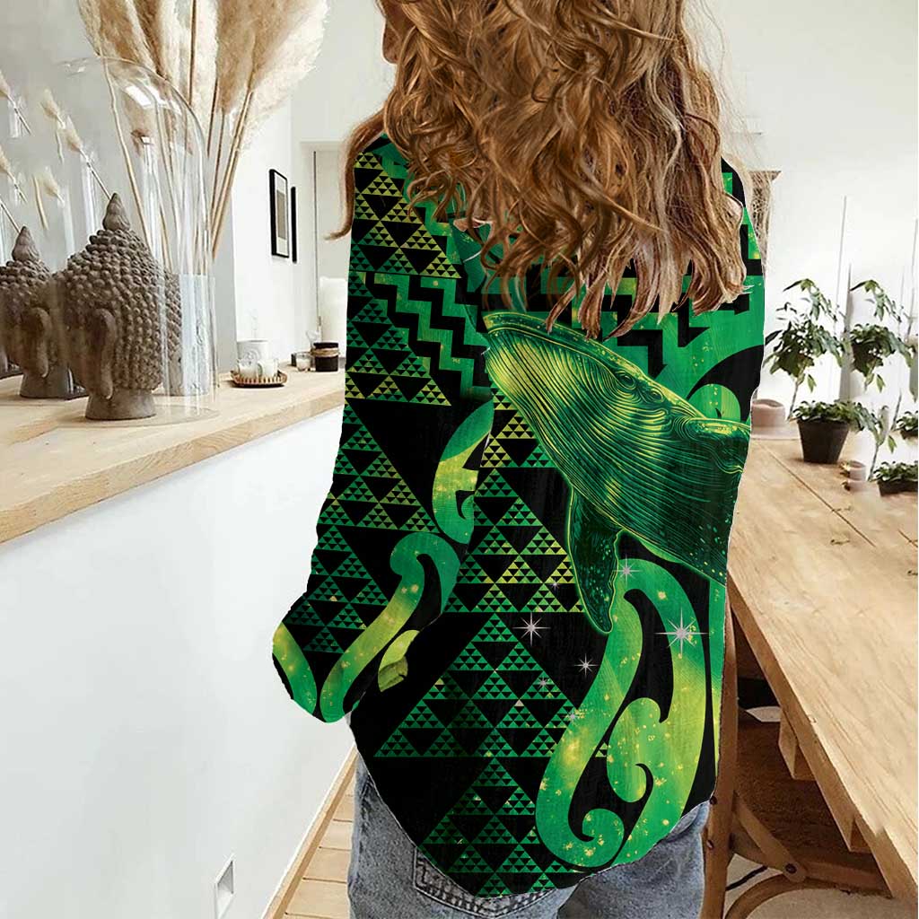 Humpback Whale Matariki New Zealand Women Casual Shirt NZ Maori Paikea Poutama Luxury Green LT14 - Polynesian Pride