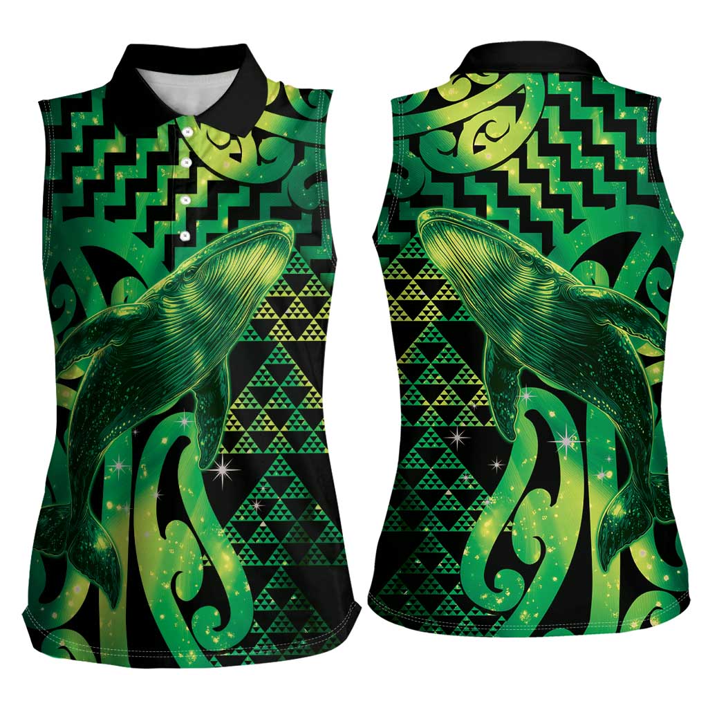 Humpback Whale Matariki New Zealand Women Sleeveless Polo Shirt NZ Maori Paikea Poutama Luxury Green LT14 - Polynesian Pride
