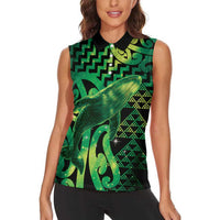 Humpback Whale Matariki New Zealand Women Sleeveless Polo Shirt NZ Maori Paikea Poutama Luxury Green LT14 - Polynesian Pride