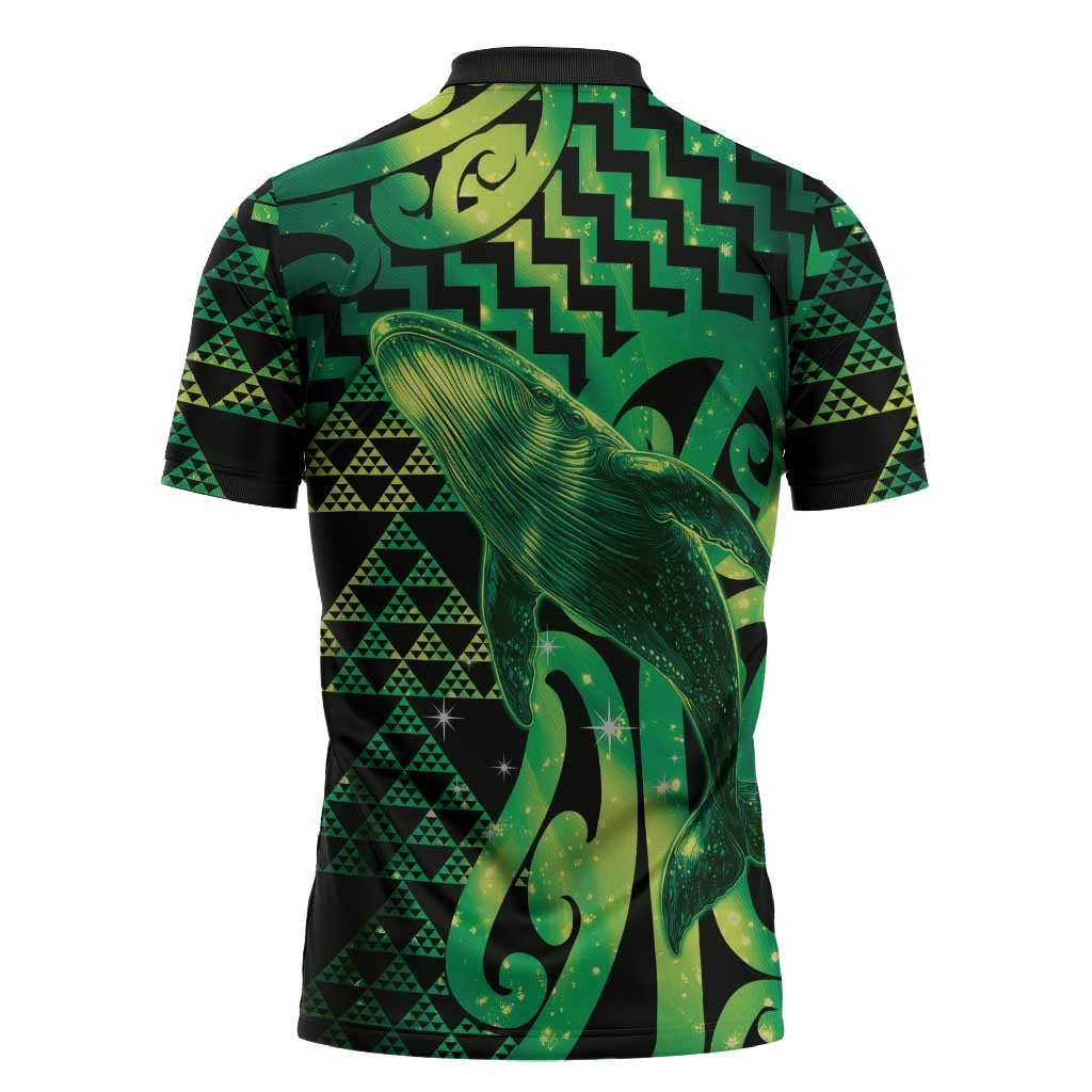 Humpback Whale Matariki New Zealand Zipper Polo Shirt NZ Maori Paikea Poutama Luxury Green LT14 - Polynesian Pride