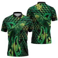 Humpback Whale Matariki New Zealand Zipper Polo Shirt NZ Maori Paikea Poutama Luxury Green LT14 - Polynesian Pride