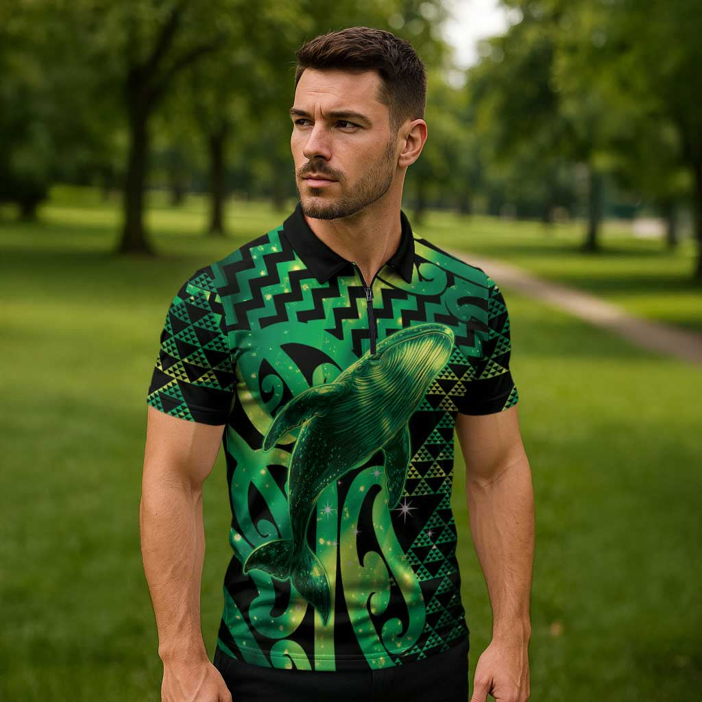 Humpback Whale Matariki New Zealand Zipper Polo Shirt NZ Maori Paikea Poutama Luxury Green LT14 - Polynesian Pride
