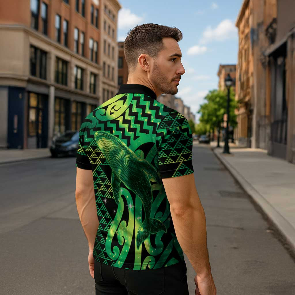 Humpback Whale Matariki New Zealand Zipper Polo Shirt NZ Maori Paikea Poutama Luxury Green LT14 - Polynesian Pride