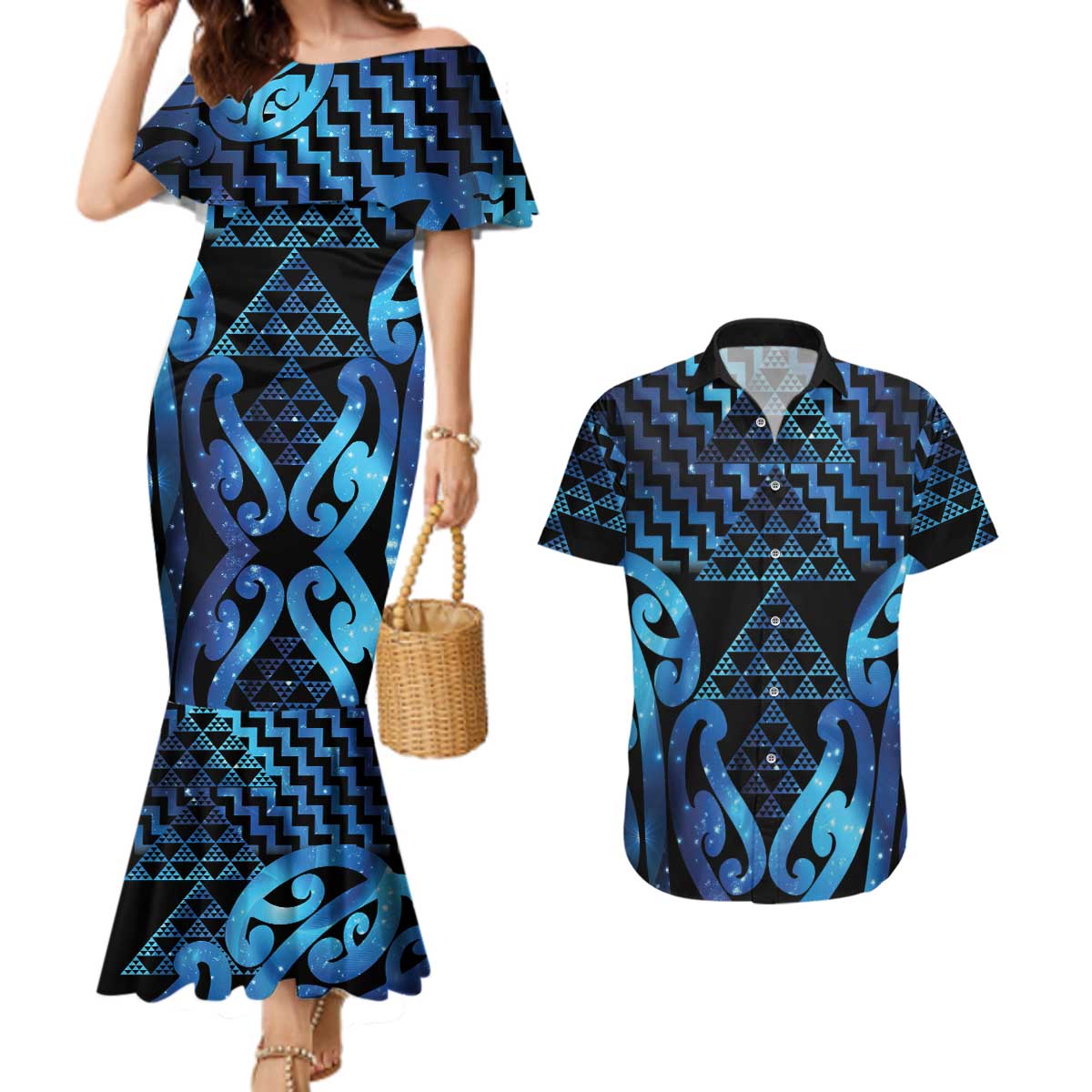 Taniko Motifs Matariki New Zealand Couples Matching Mermaid Dress and Hawaiian Shirt NZ Niho Taniwha Poutama LT14 Blue - Polynesian Pride