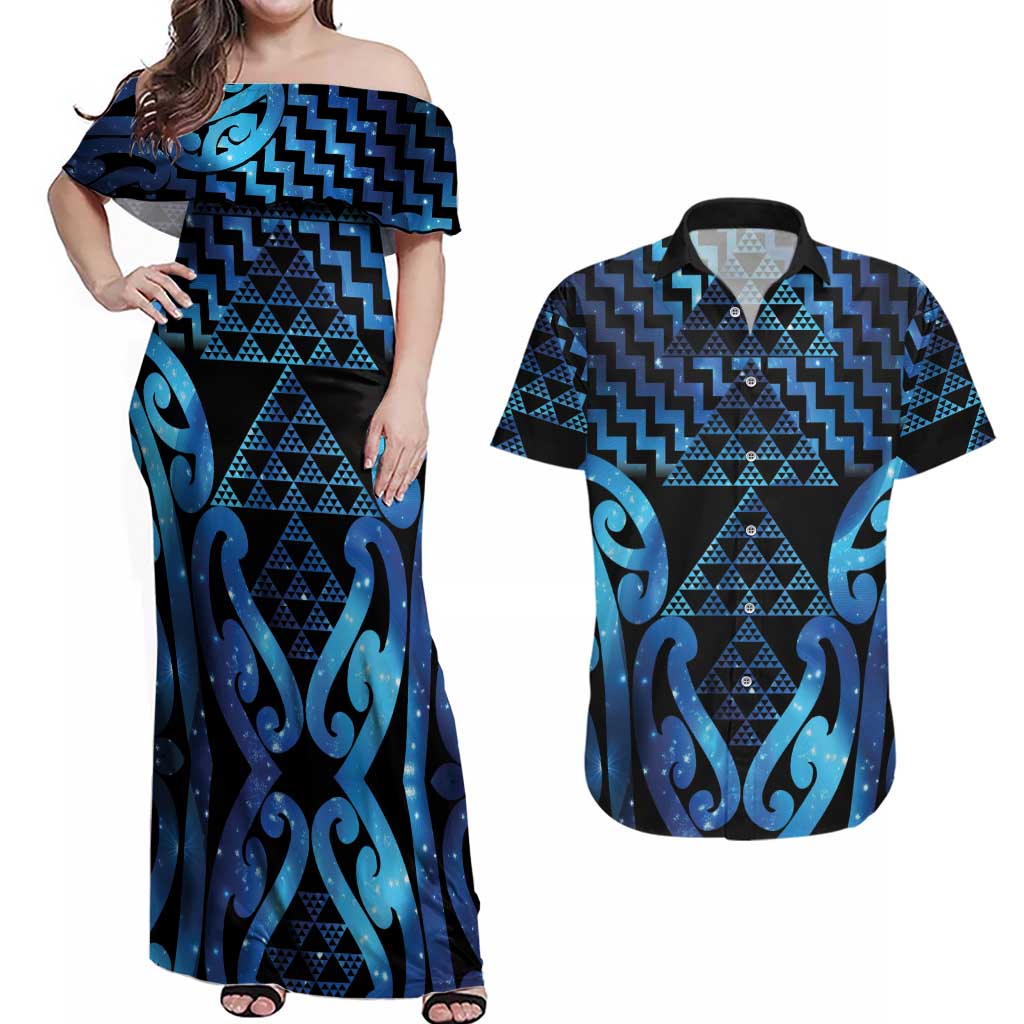 Taniko Motifs Matariki New Zealand Couples Matching Off Shoulder Maxi Dress and Hawaiian Shirt NZ Niho Taniwha Poutama LT14 Blue - Polynesian Pride