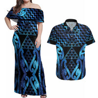Taniko Motifs Matariki New Zealand Couples Matching Off Shoulder Maxi Dress and Hawaiian Shirt NZ Niho Taniwha Poutama LT14 Blue - Polynesian Pride