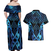 Taniko Motifs Matariki New Zealand Couples Matching Off Shoulder Maxi Dress and Hawaiian Shirt NZ Niho Taniwha Poutama LT14 - Polynesian Pride