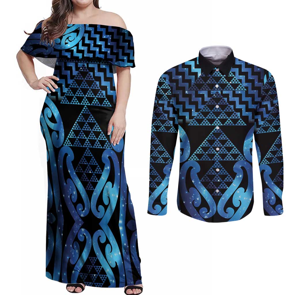 Taniko Motifs Matariki New Zealand Couples Matching Off Shoulder Maxi Dress and Long Sleeve Button Shirt NZ Niho Taniwha Poutama