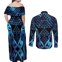 Taniko Motifs Matariki New Zealand Couples Matching Off Shoulder Maxi Dress and Long Sleeve Button Shirt NZ Niho Taniwha Poutama