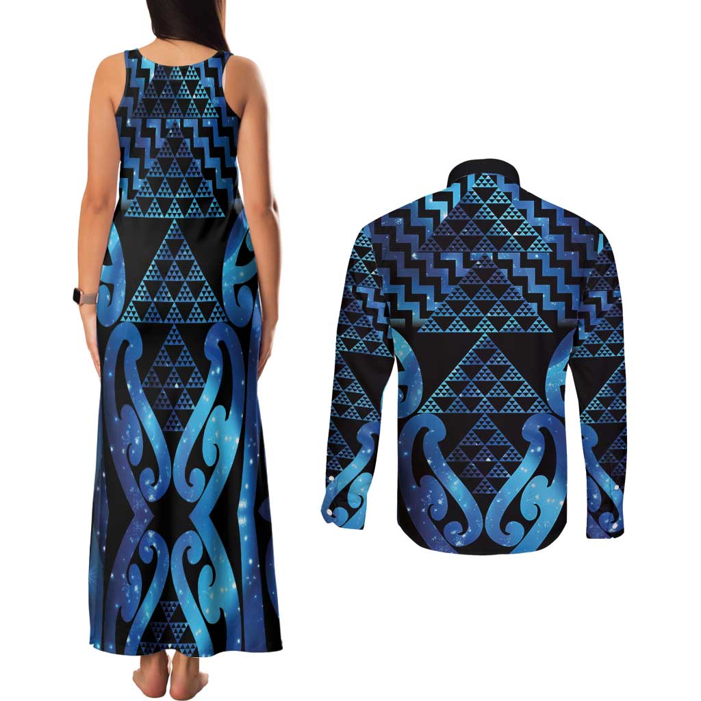 Taniko Motifs Matariki New Zealand Couples Matching Tank Maxi Dress and Long Sleeve Button Shirt NZ Niho Taniwha Poutama LT14 - Polynesian Pride