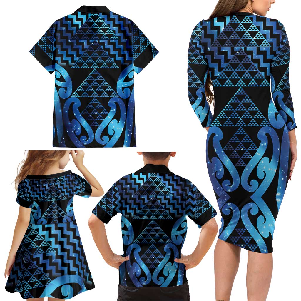 Taniko Motifs Matariki New Zealand Family Matching Long Sleeve Bodycon Dress and Hawaiian Shirt NZ Niho Taniwha Poutama LT14 - Polynesian Pride