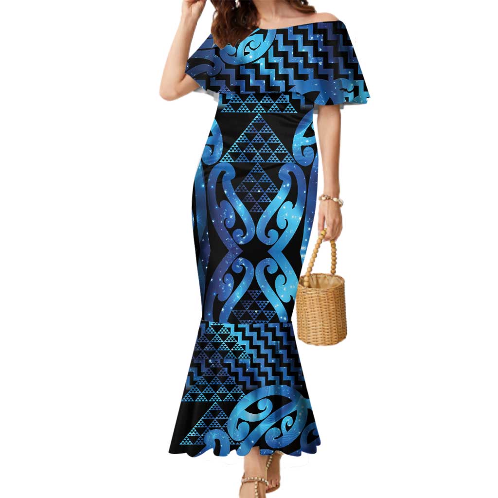 Taniko Motifs Matariki New Zealand Family Matching Mermaid Dress and Hawaiian Shirt NZ Niho Taniwha Poutama LT14 Mom's Dress Blue - Polynesian Pride