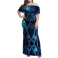 Taniko Motifs Matariki New Zealand Family Matching Off Shoulder Maxi Dress and Hawaiian Shirt NZ Niho Taniwha Poutama LT14 Mom's Dress Blue - Polynesian Pride