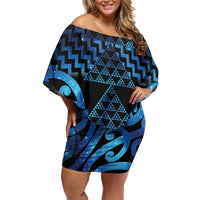 Taniko Motifs Matariki New Zealand Family Matching Off Shoulder Short Dress and Hawaiian Shirt NZ Niho Taniwha Poutama LT14 Mom's Dress Blue - Polynesian Pride