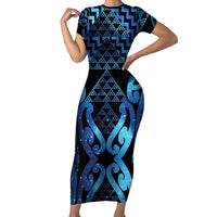 Taniko Motifs Matariki New Zealand Family Matching Short Sleeve Bodycon Dress and Hawaiian Shirt NZ Niho Taniwha Poutama LT14 Mom's Dress Blue - Polynesian Pride