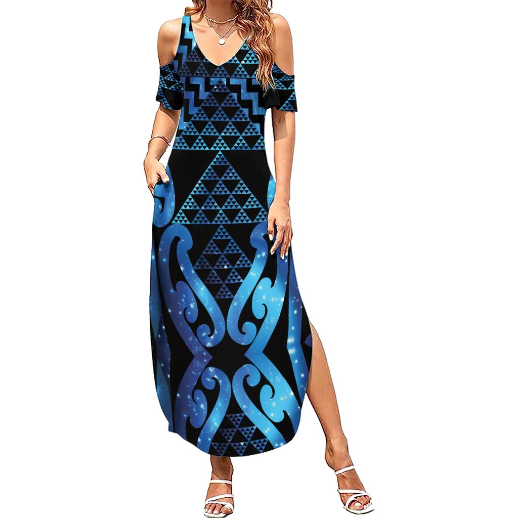 Taniko Motifs Matariki New Zealand Family Matching Summer Maxi Dress and Hawaiian Shirt NZ Niho Taniwha Poutama LT14 Mom's Dress Blue - Polynesian Pride