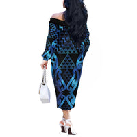Taniko Motifs Matariki New Zealand Off The Shoulder Long Sleeve Dress NZ Niho Taniwha Poutama