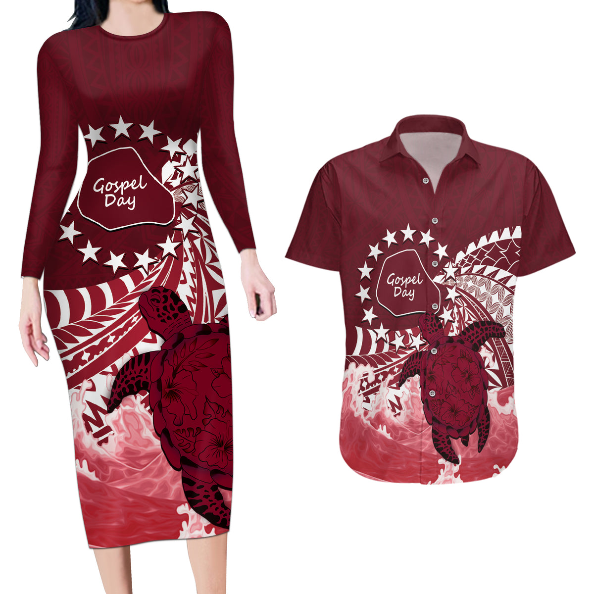 Cook Islands Mangaia Gospel Day Couples Matching Long Sleeve Bodycon Dress and Hawaiian Shirt Polynesian Art With Sea Turtle LT14 Maroon - Polynesian Pride