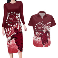 Cook Islands Mangaia Gospel Day Couples Matching Long Sleeve Bodycon Dress and Hawaiian Shirt Polynesian Art With Sea Turtle LT14 Maroon - Polynesian Pride
