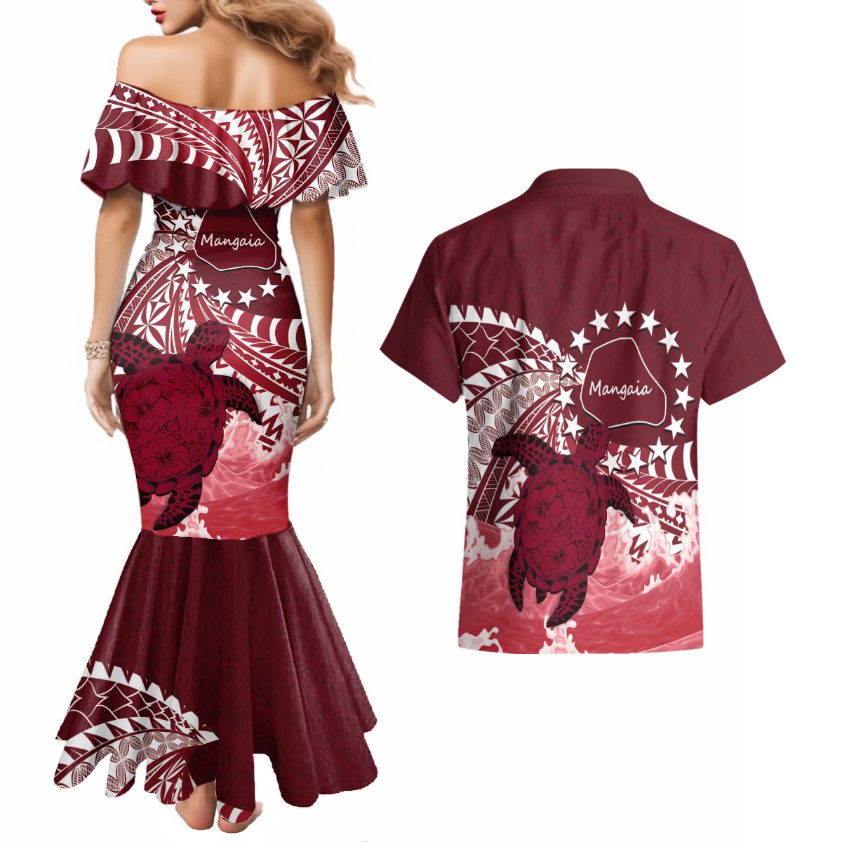 Cook Islands Mangaia Gospel Day Couples Matching Mermaid Dress and Hawaiian Shirt Polynesian Art With Sea Turtle LT14 - Polynesian Pride