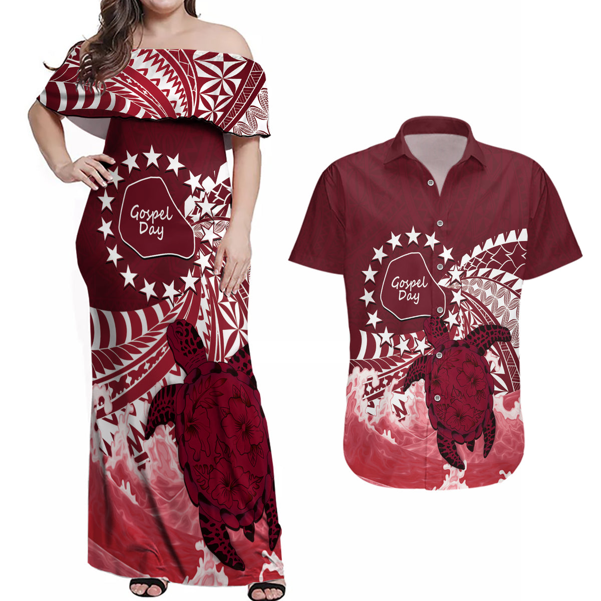 Cook Islands Mangaia Gospel Day Couples Matching Off Shoulder Maxi Dress and Hawaiian Shirt Polynesian Art With Sea Turtle LT14 Maroon - Polynesian Pride