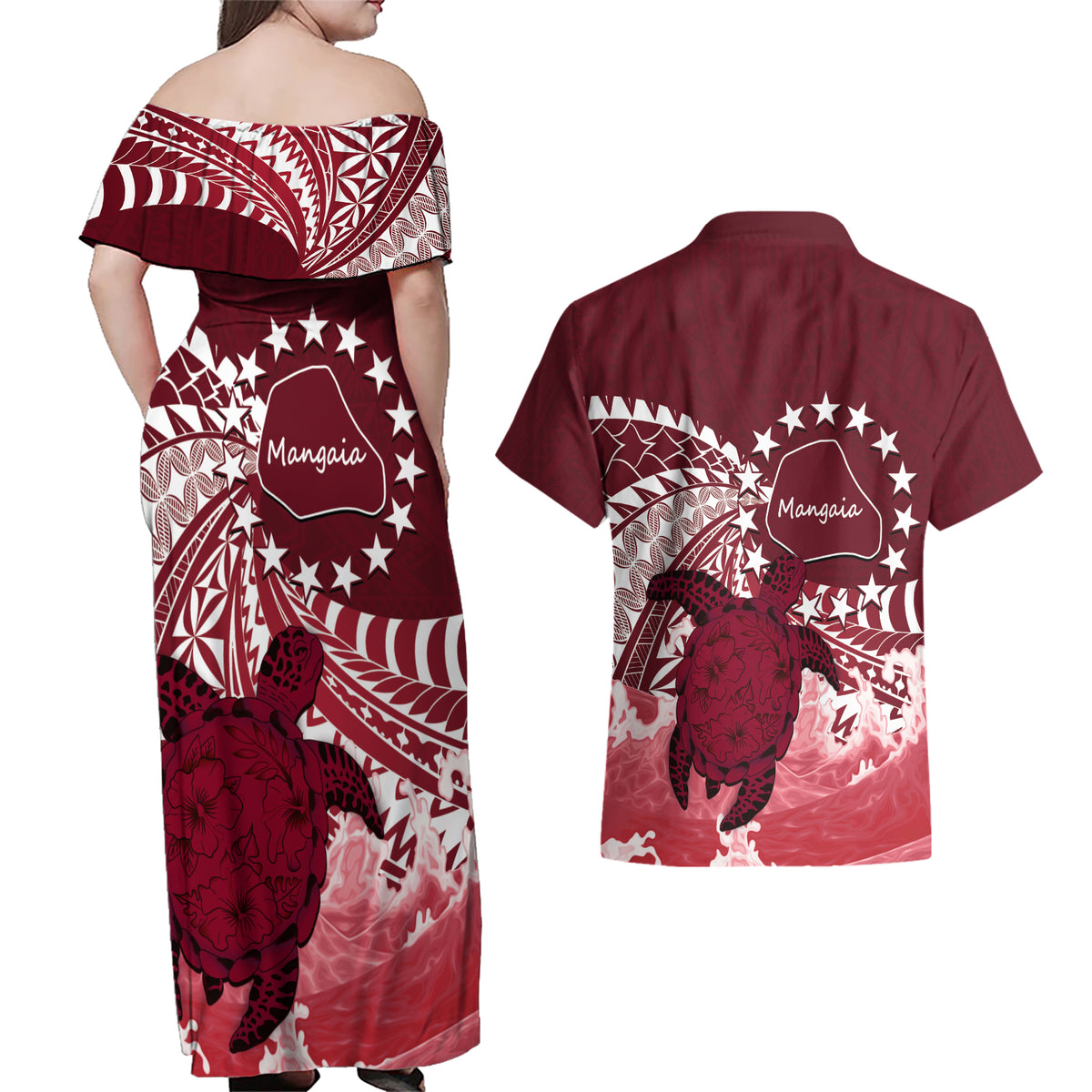 Cook Islands Mangaia Gospel Day Couples Matching Off Shoulder Maxi Dress and Hawaiian Shirt Polynesian Art With Sea Turtle LT14 - Polynesian Pride