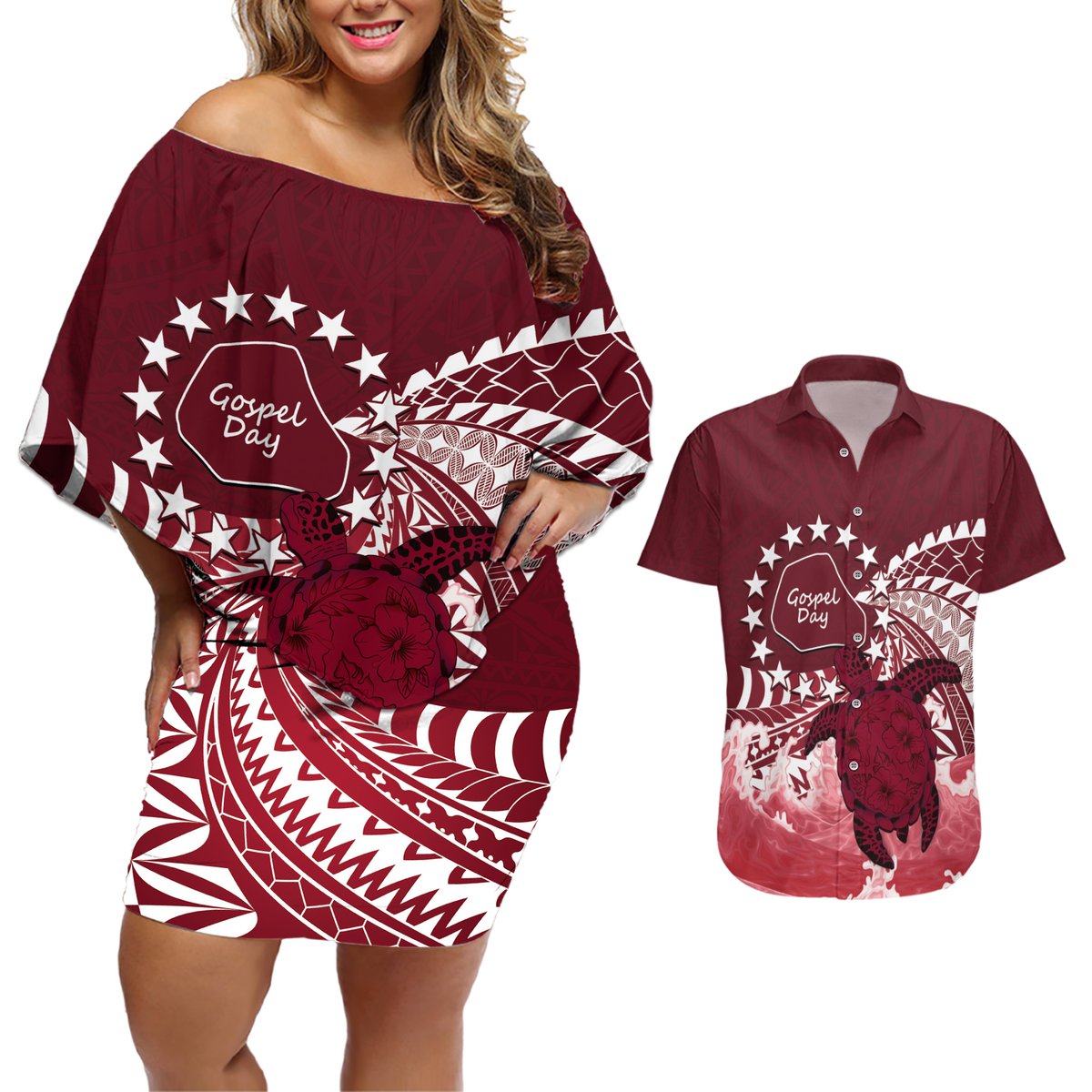 Cook Islands Mangaia Gospel Day Couples Matching Off Shoulder Short Dress and Hawaiian Shirt Polynesian Art With Sea Turtle LT14 Maroon - Polynesian Pride