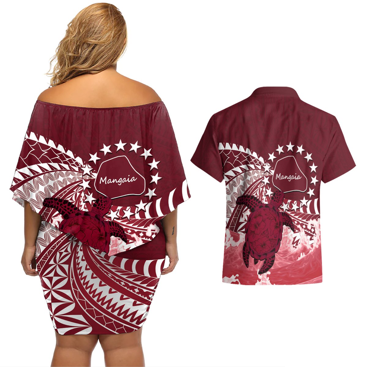 Cook Islands Mangaia Gospel Day Couples Matching Off Shoulder Short Dress and Hawaiian Shirt Polynesian Art With Sea Turtle LT14 - Polynesian Pride