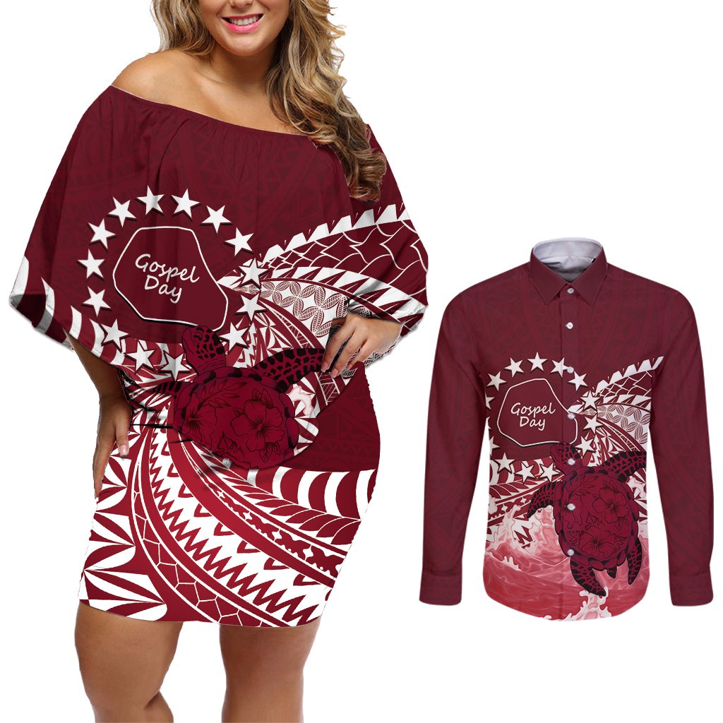 Cook Islands Mangaia Gospel Day Couples Matching Off Shoulder Short Dress and Long Sleeve Button Shirt Polynesian Art With Sea Turtle