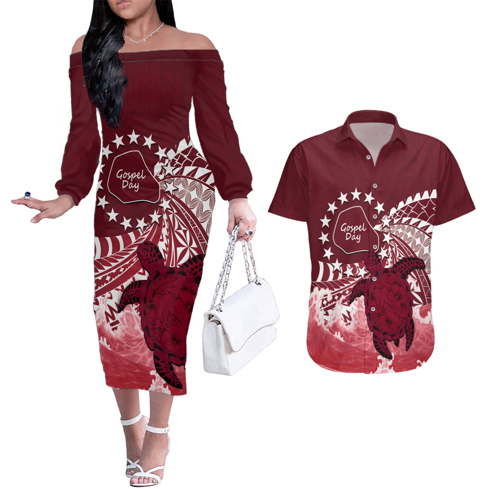 Cook Islands Mangaia Gospel Day Couples Matching Off The Shoulder Long Sleeve Dress and Hawaiian Shirt Polynesian Art With Sea Turtle