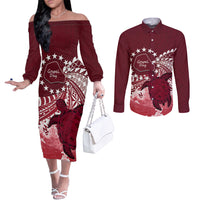 Cook Islands Mangaia Gospel Day Couples Matching Off The Shoulder Long Sleeve Dress and Long Sleeve Button Shirt Polynesian Art With Sea Turtle LT14 Maroon - Polynesian Pride