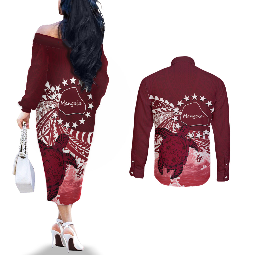 Cook Islands Mangaia Gospel Day Couples Matching Off The Shoulder Long Sleeve Dress and Long Sleeve Button Shirt Polynesian Art With Sea Turtle LT14 - Polynesian Pride