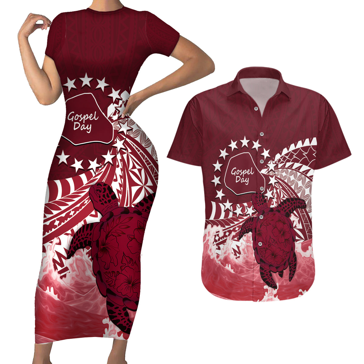 Cook Islands Mangaia Gospel Day Couples Matching Short Sleeve Bodycon Dress and Hawaiian Shirt Polynesian Art With Sea Turtle LT14 Maroon - Polynesian Pride
