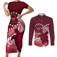 Cook Islands Mangaia Gospel Day Couples Matching Short Sleeve Bodycon Dress and Long Sleeve Button Shirt Polynesian Art With Sea Turtle LT14 Maroon - Polynesian Pride