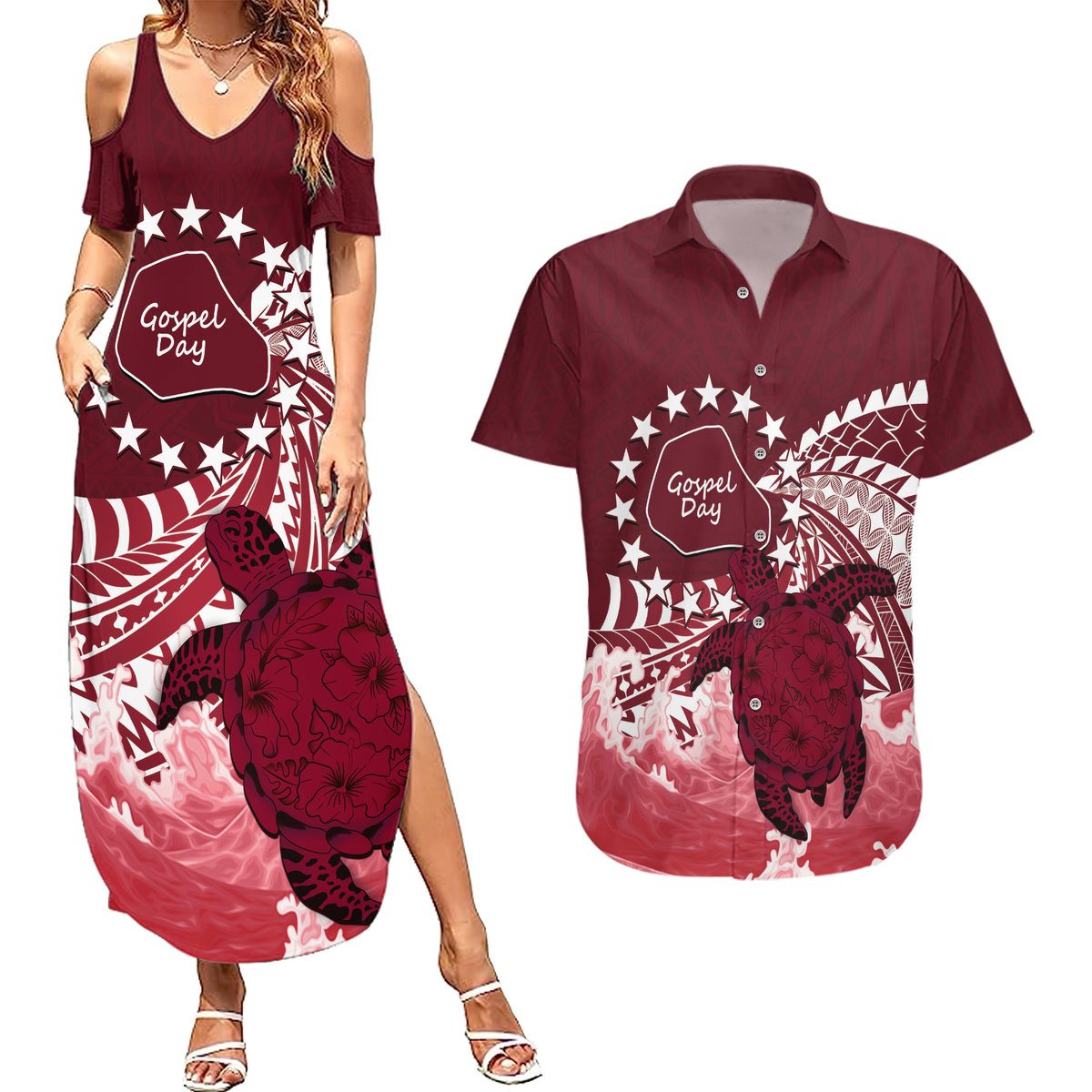 Cook Islands Mangaia Gospel Day Couples Matching Summer Maxi Dress and Hawaiian Shirt Polynesian Art With Sea Turtle LT14 Maroon - Polynesian Pride
