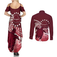 Cook Islands Mangaia Gospel Day Couples Matching Summer Maxi Dress and Long Sleeve Button Shirt Polynesian Art With Sea Turtle