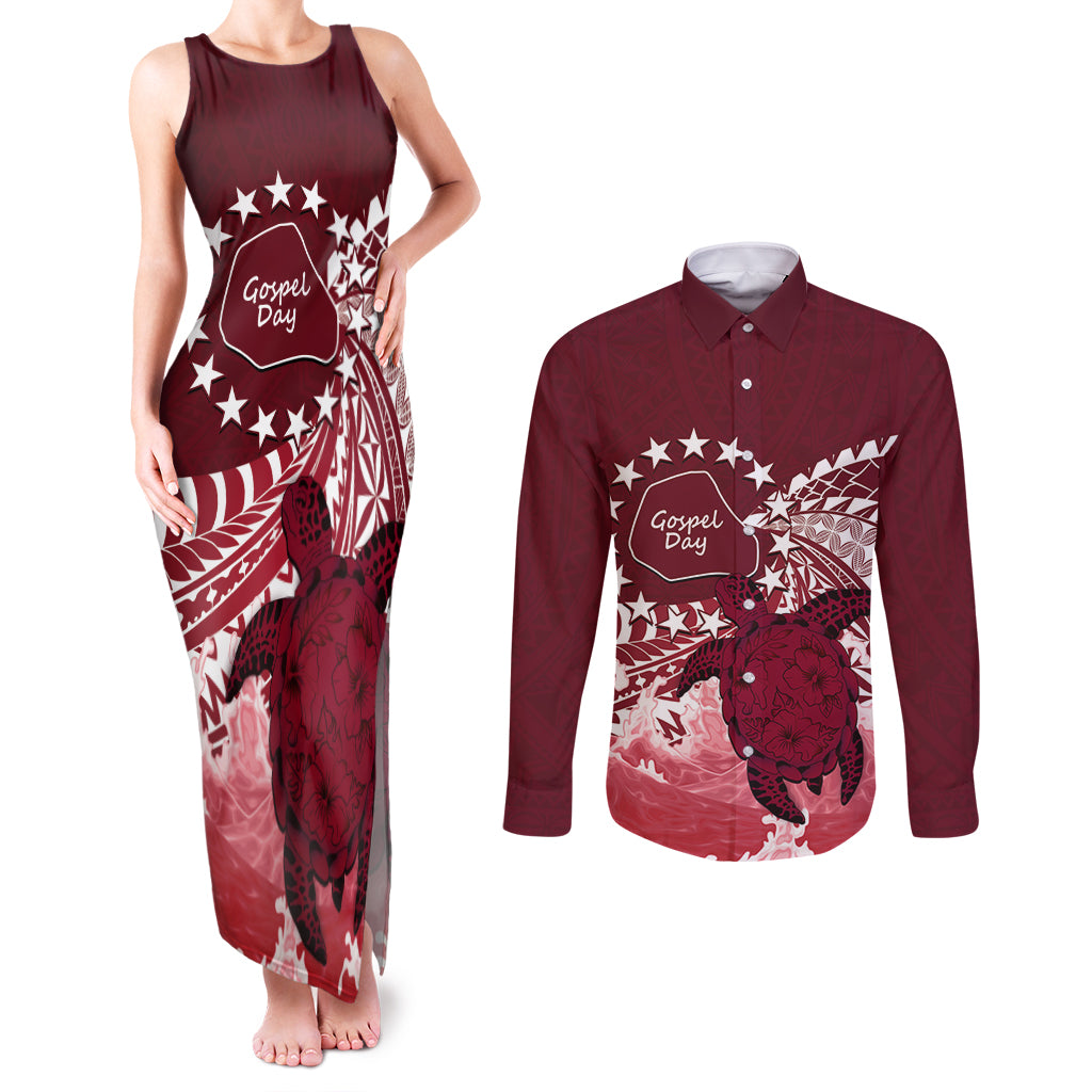 Cook Islands Mangaia Gospel Day Couples Matching Tank Maxi Dress and Long Sleeve Button Shirt Polynesian Art With Sea Turtle
