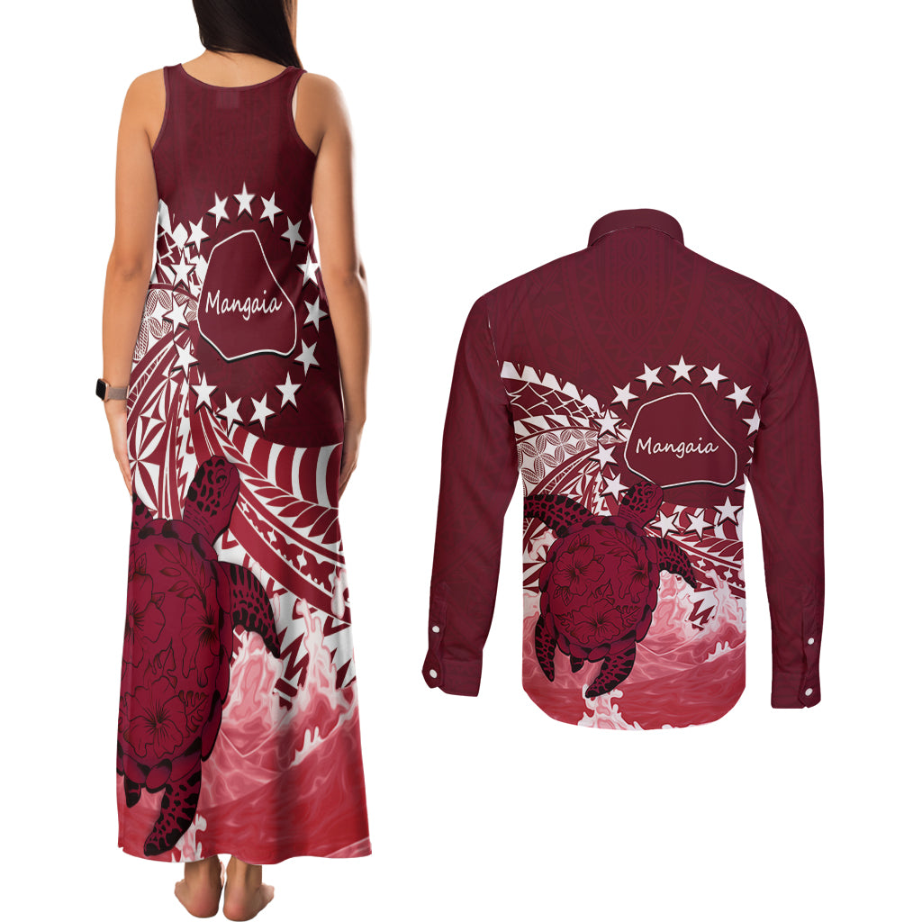 Cook Islands Mangaia Gospel Day Couples Matching Tank Maxi Dress and Long Sleeve Button Shirt Polynesian Art With Sea Turtle LT14 - Polynesian Pride