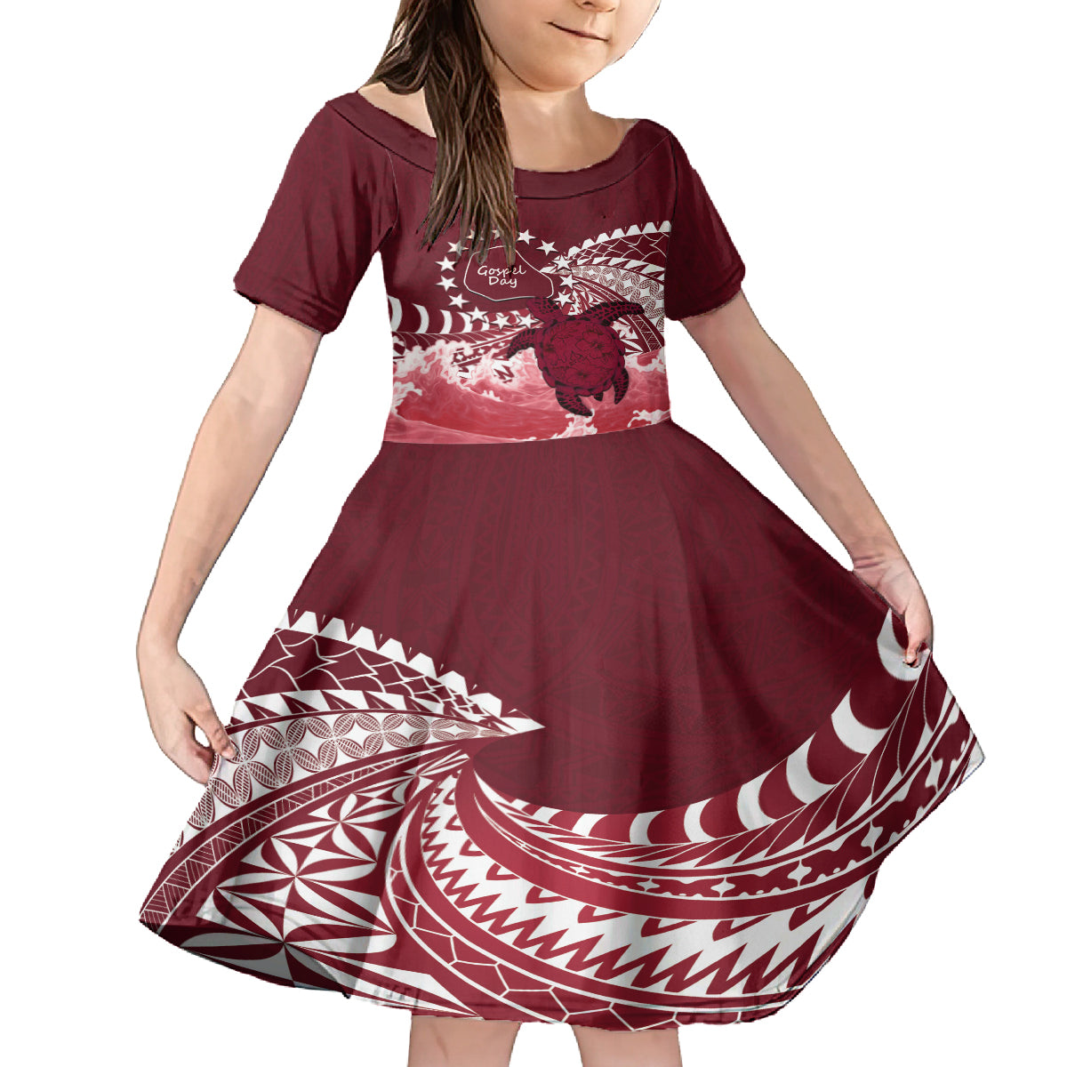 Cook Islands Mangaia Gospel Day Family Matching Off The Shoulder Long Sleeve Dress and Hawaiian Shirt Polynesian Art With Sea Turtle LT14 Daughter's Dress Maroon - Polynesian Pride
