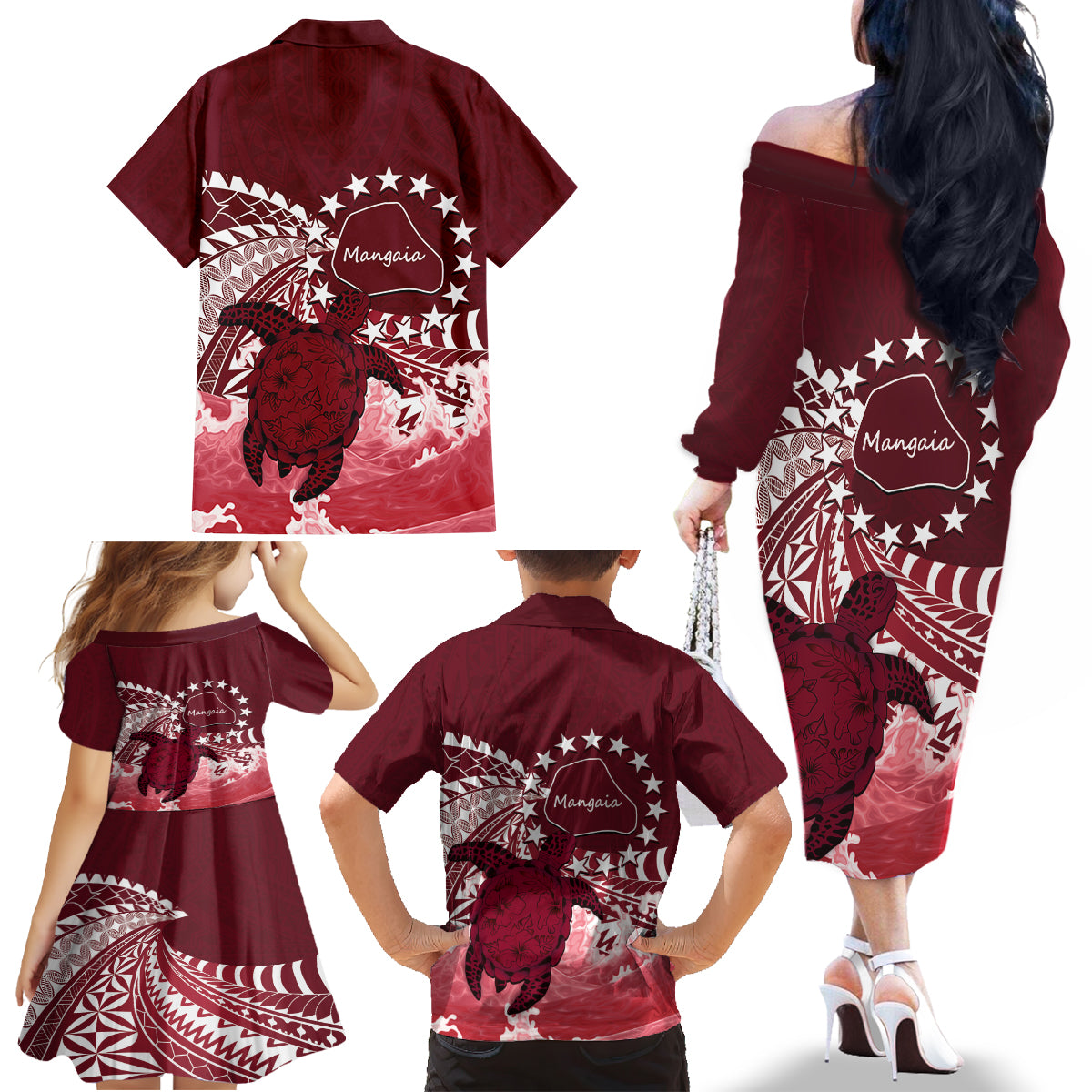 Cook Islands Mangaia Gospel Day Family Matching Off The Shoulder Long Sleeve Dress and Hawaiian Shirt Polynesian Art With Sea Turtle LT14 - Polynesian Pride