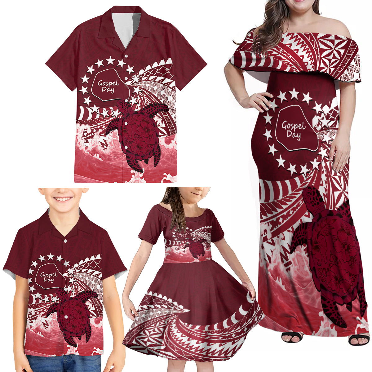 Cook Islands Mangaia Gospel Day Family Matching Off Shoulder Maxi Dress and Hawaiian Shirt Polynesian Art With Sea Turtle LT14 - Polynesian Pride