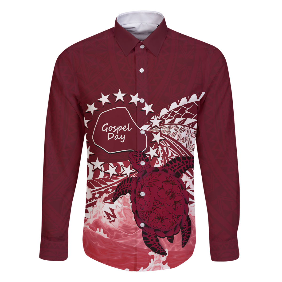 Cook Islands Mangaia Gospel Day Family Matching Off Shoulder Maxi Dress and Hawaiian Shirt Polynesian Art With Sea Turtle LT14 Dad's Shirt - Long Sleeve Maroon - Polynesian Pride