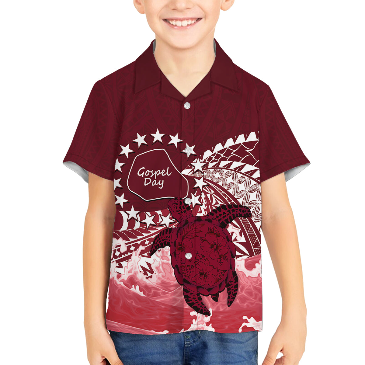 Cook Islands Mangaia Gospel Day Family Matching Off Shoulder Maxi Dress and Hawaiian Shirt Polynesian Art With Sea Turtle LT14 Son's Shirt Maroon - Polynesian Pride