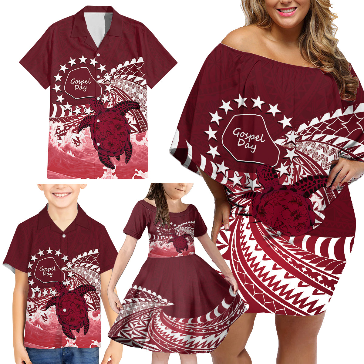 Cook Islands Mangaia Gospel Day Family Matching Off Shoulder Short Dress and Hawaiian Shirt Polynesian Art With Sea Turtle LT14 - Polynesian Pride