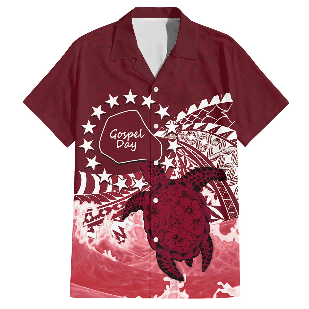 Cook Islands Mangaia Gospel Day Family Matching Off Shoulder Short Dress and Hawaiian Shirt Polynesian Art With Sea Turtle LT14 Dad's Shirt - Short Sleeve Maroon - Polynesian Pride
